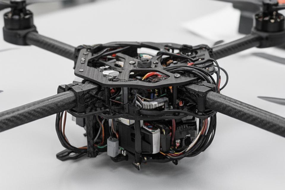 Estructura interna de dron con soportes de fibra de carbono y cableado ordenado en taller limpio