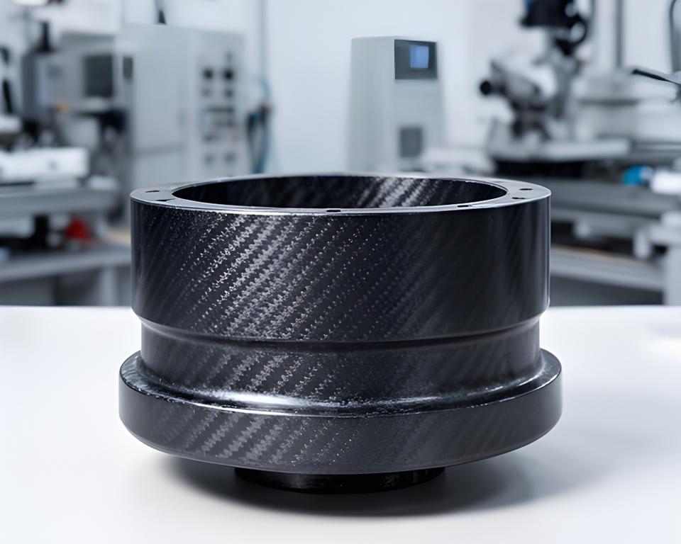 Componente de máquina industrial en fibra de carbono, con detalle de superficie y entorno de producción limpio