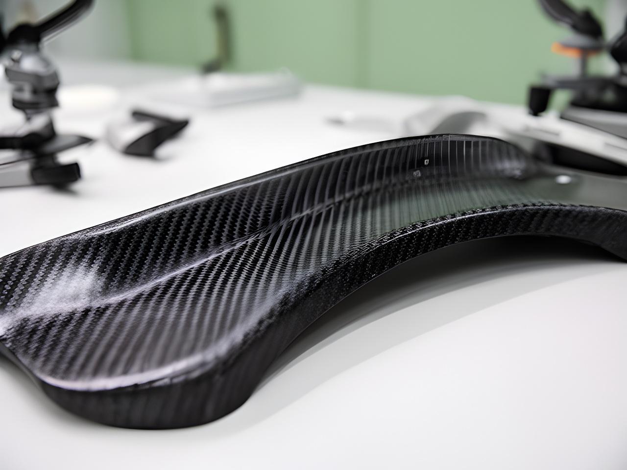 Pieza de fibra de carbono en proceso de fabricación sobre banco neutro, con iluminación limpia y textura técnica visible