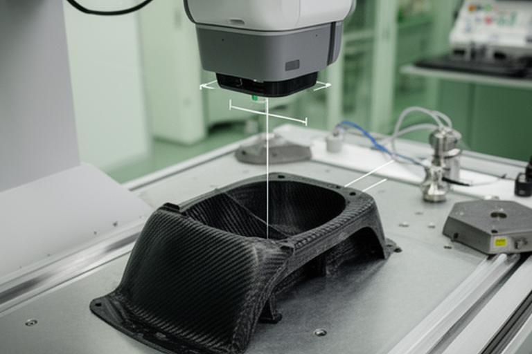Escáner 3D realizando inspección dimensional sobre un componente de fibra de carbono sobre mesa técnica